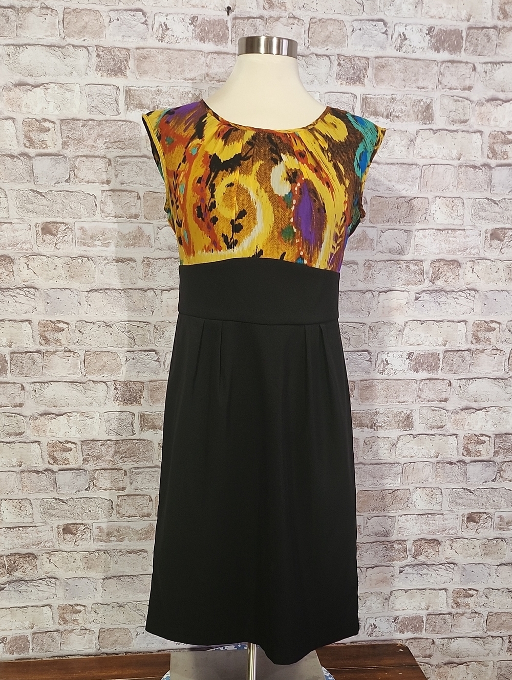 Black Midi Dress with Vibrant Yellow & Multicolor Abstract Bodice